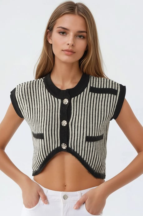 Gestreiftes geripptes Strick-Crop-Top mit Knopfverschluss - Image 6