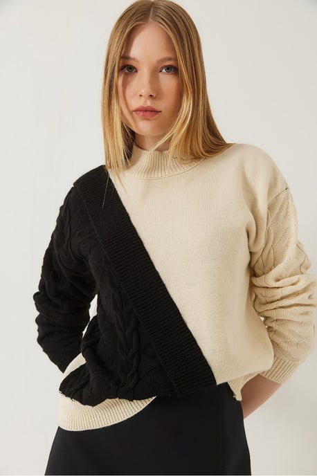 Gemusterter Halbturtleneck Rippstrickpullover - Image 1