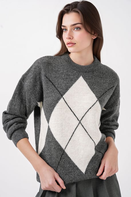 Übergroßer Argyle Rundhals-Pullover - Image 1
