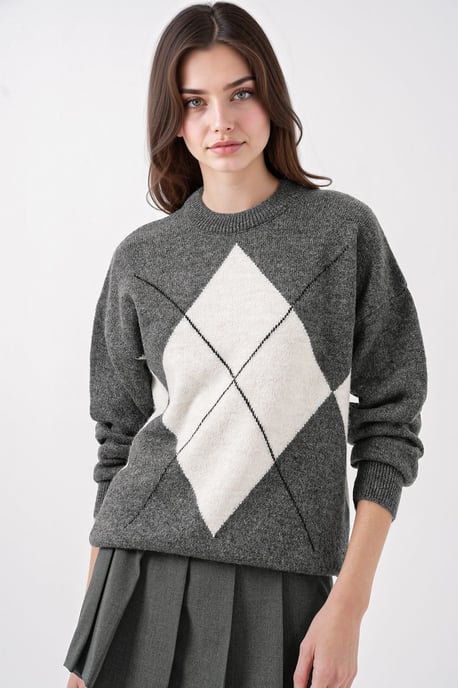 Übergroßer Argyle Rundhals-Pullover - Image 3