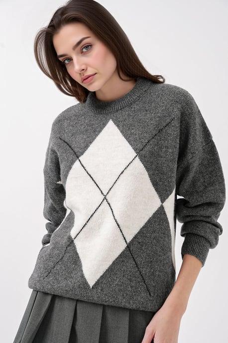 Übergroßer Argyle Rundhals-Pullover - Image 4