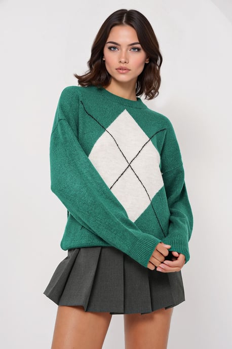 Übergroßer Argyle Rundhals-Pullover - Image 3