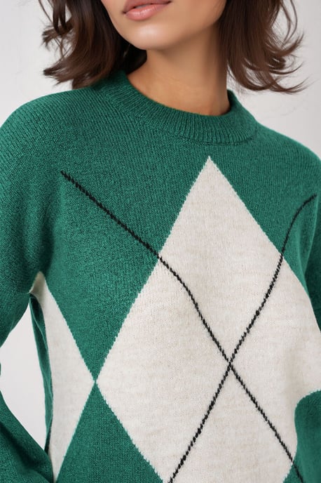 Übergroßer Argyle Rundhals-Pullover - Image 4