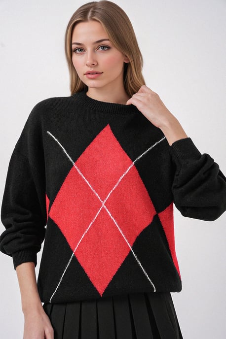 Oversized Argyle Rundhals-Pullover - Image 3