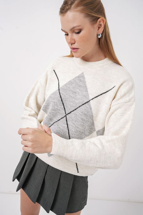 Übergroßer Argyle Rundhals-Pullover - Image 3