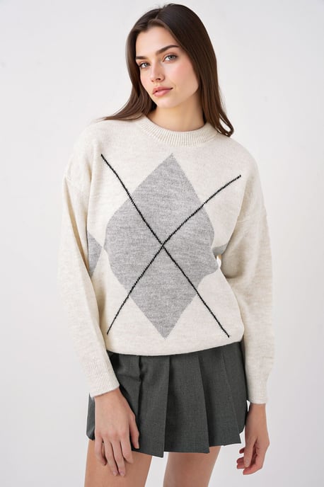 Übergroßer Argyle Rundhals-Pullover - Image 4