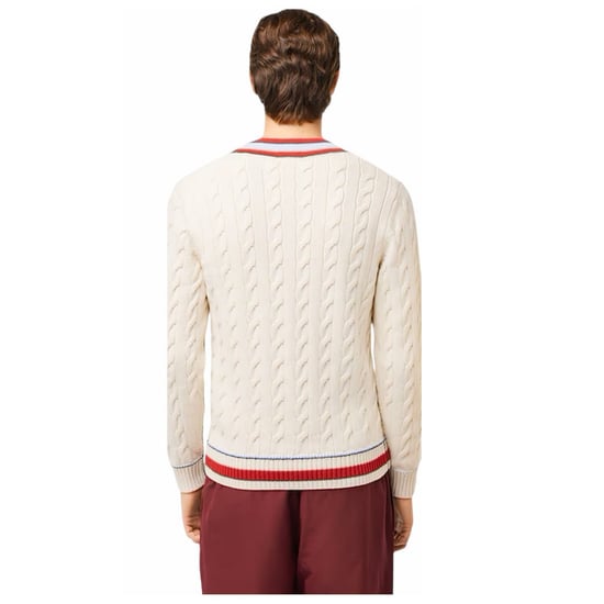 Lacoste - Pullover Top für Herren/Damen Unisex, Gerippter Ärmelaufschlag, Mit Zopfmuster, Regulär (Cremefarbe/Rot) - Image 2