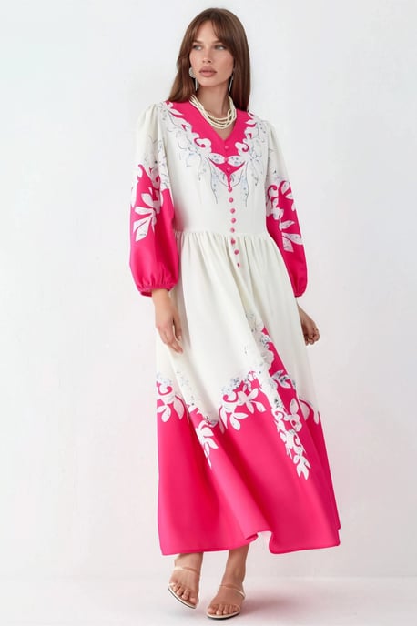 Blumen-Maxi-Kleid mit V-Ausschnitt und Knopfdetails - Image 5