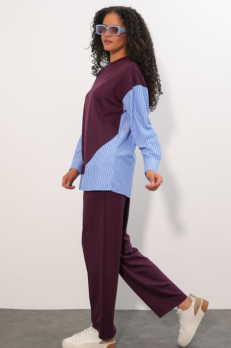 Gestreiftes Langarm Crew Neck Zweiteiliges Set - Image 3