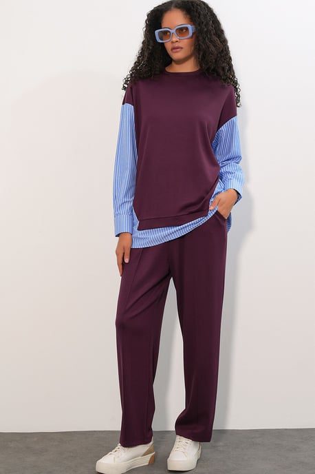 Gestreiftes Langarm Crew Neck Zweiteiliges Set - Image 4