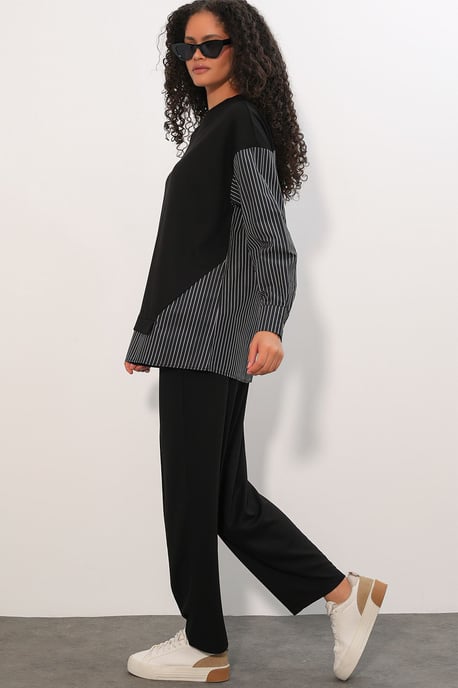 Gestreiftes Langarm Crew Neck Zweiteiliges Set - Image 1