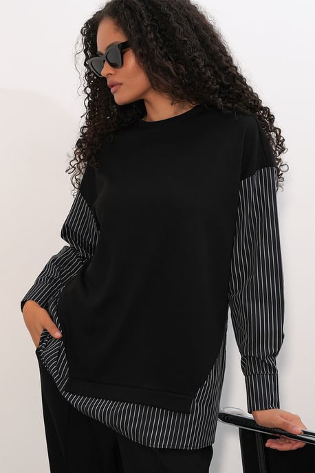 Gestreiftes Langarm Crew Neck Zweiteiliges Set - Image 2