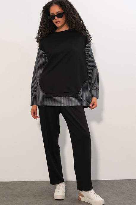 Gestreiftes Langarm Crew Neck Zweiteiliges Set - Image 3