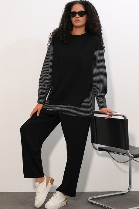 Gestreiftes Langarm Crew Neck Zweiteiliges Set - Image 4