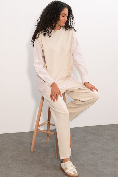 Gestreiftes Langarm Crew Neck Zweiteiliges Set - Image 3