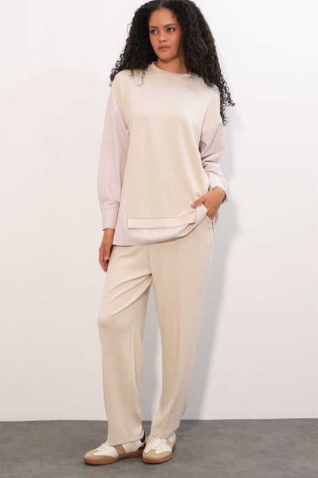 Gestreiftes Langarm Crew Neck Zweiteiliges Set - Image 4
