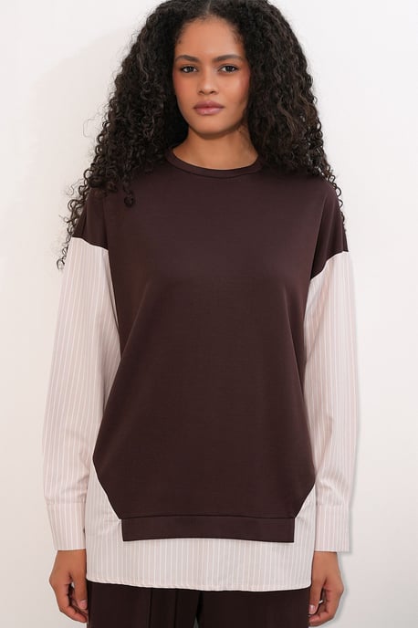 Gestreiftes Langarm Crew Neck Zweiteiliges Set - Image 2