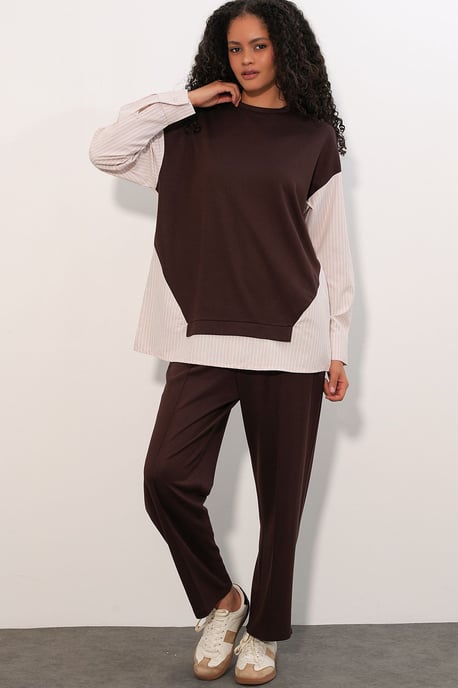 Gestreiftes Langarm Crew Neck Zweiteiliges Set - Image 3
