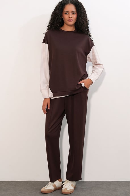 Gestreiftes Langarm Crew Neck Zweiteiliges Set - Image 4