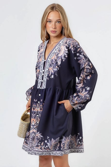 Kleid mit Gürtel und V-Ausschnitt im Paisleymuster - Image 4