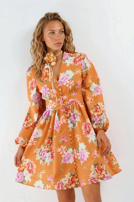MSN Collection Rüschiges Minikleid mit floralem V-Ausschnitt - Orange - Image 2