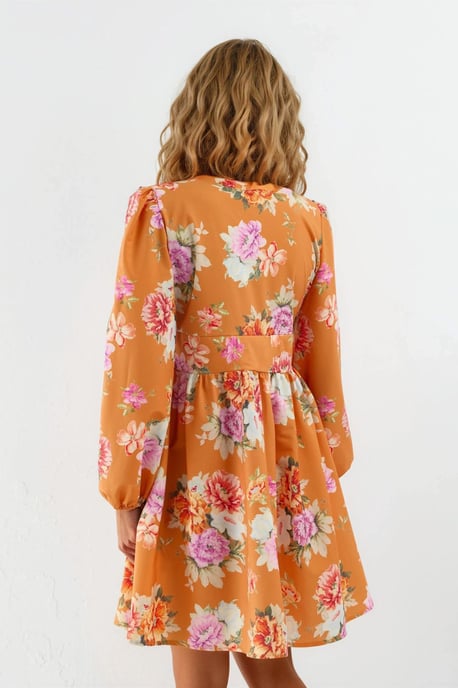 MSN Collection Rüschiges Minikleid mit floralem V-Ausschnitt - Orange - Image 3