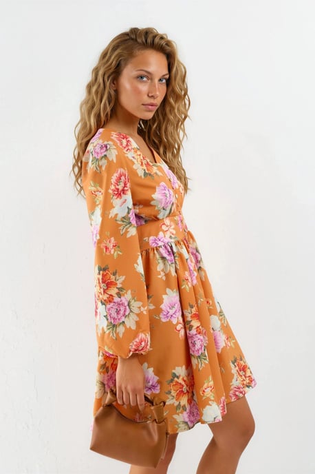 MSN Collection Rüschiges Minikleid mit floralem V-Ausschnitt - Orange - Image 4