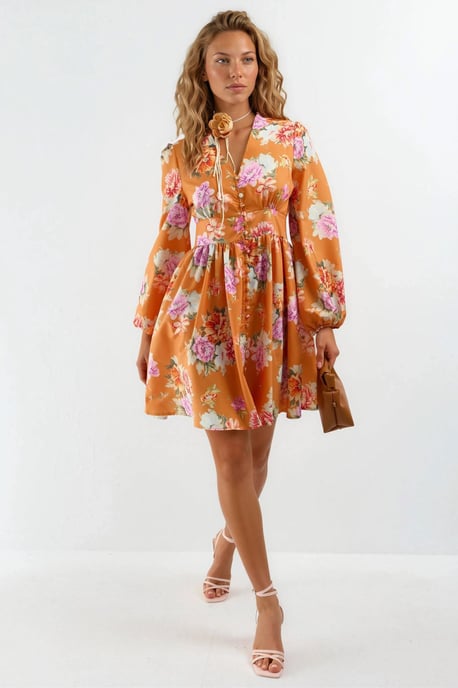 MSN Collection Rüschiges Minikleid mit floralem V-Ausschnitt - Orange - Image 5