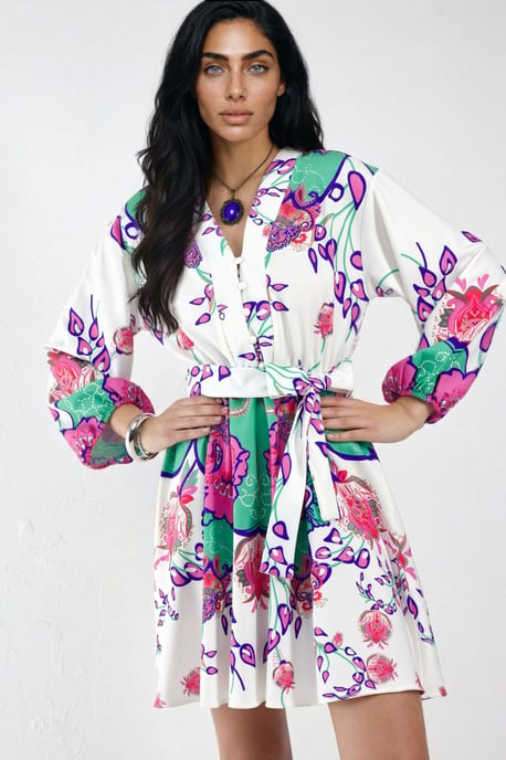 Blumiges V-Ausschnitt A-Linien Mini-Kleid mit Gürtel - Image 1