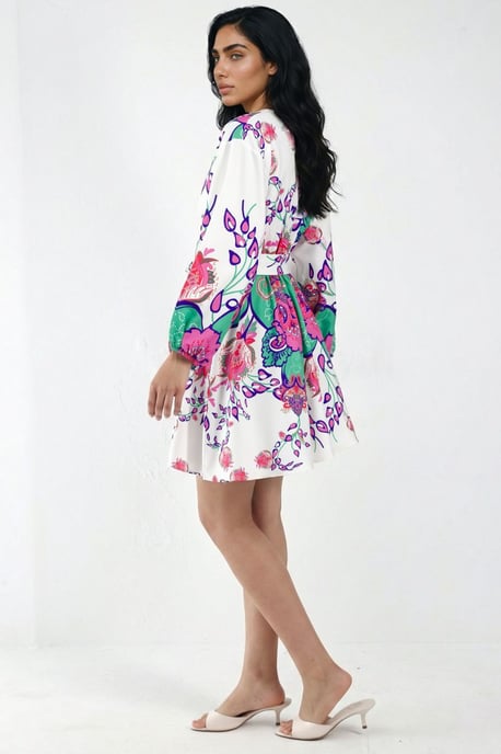 Blumiges V-Ausschnitt A-Linien Mini-Kleid mit Gürtel - Image 2
