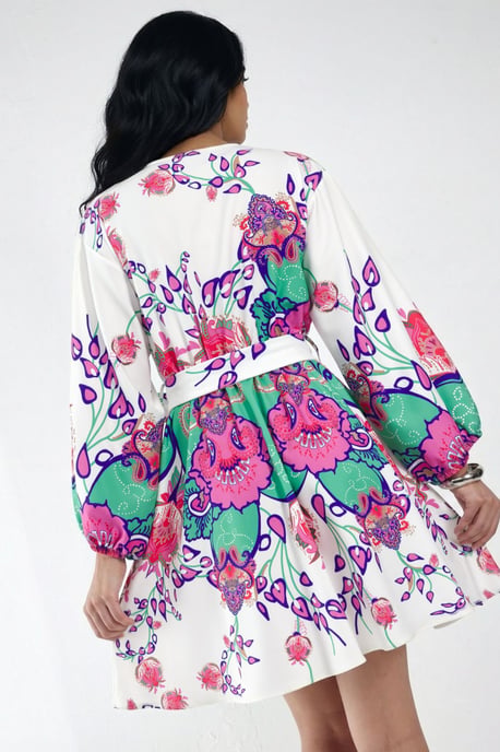 Blumiges V-Ausschnitt A-Linien Mini-Kleid mit Gürtel - Image 3