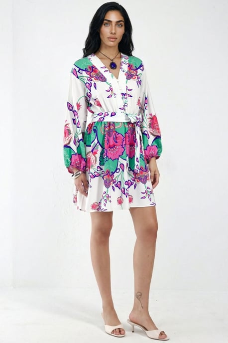 Blumiges V-Ausschnitt A-Linien Mini-Kleid mit Gürtel - Image 4