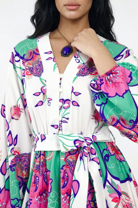 Blumiges V-Ausschnitt A-Linien Mini-Kleid mit Gürtel - Image 5