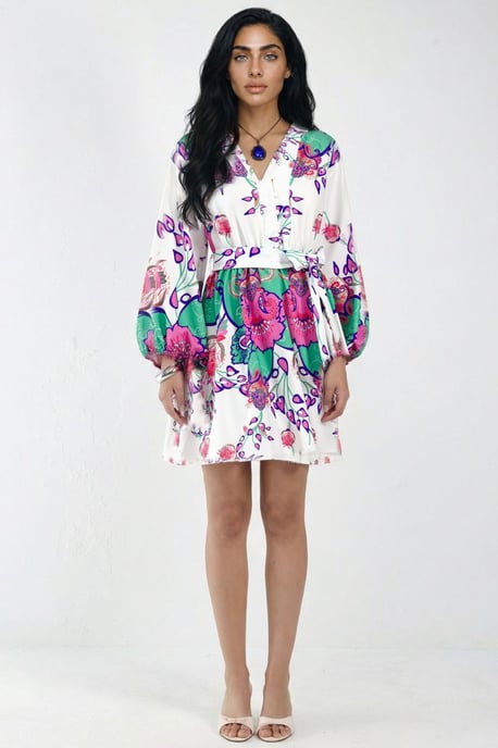 Blumiges V-Ausschnitt A-Linien Mini-Kleid mit Gürtel - Image 6