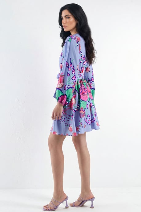 Blumiges V-Ausschnitt A-Linien Mini-Kleid mit Gürtel - Image 2
