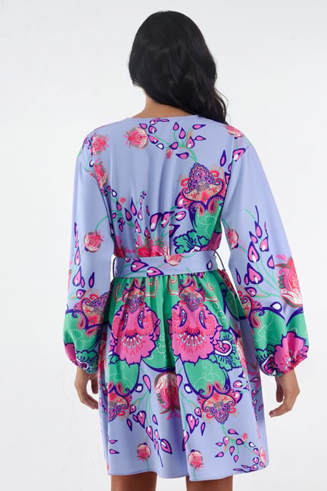 Blumiges V-Ausschnitt A-Linien Mini-Kleid mit Gürtel - Image 3