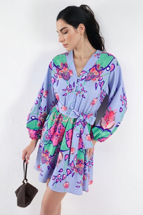 Blumiges V-Ausschnitt A-Linien Mini-Kleid mit Gürtel - Image 5