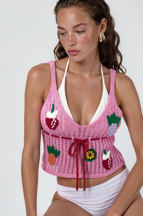 Hiccup Blumiges V-Ausschnitt-Crop-Stricktop mit Bindedetail - Rosa - Image 3