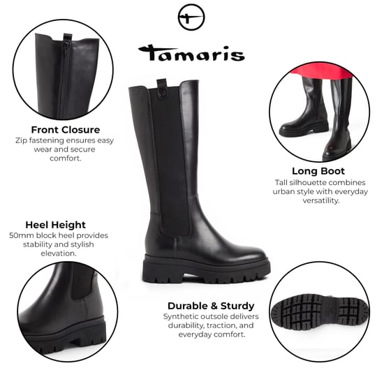 Tamaris Schwarze Lederstiefel mit kniehohem Plateauabsatz – 25608-41 - Image 2