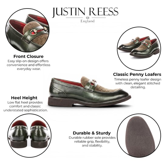 Justin Reess Herren grüne Leder Fischgrät Tweed Loafer Schuhe – Tristian - Image 2