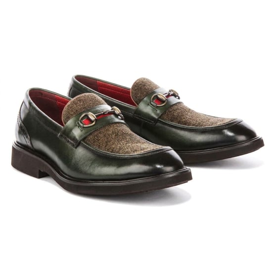 Justin Reess Herren grüne Leder Fischgrät Tweed Loafer Schuhe – Tristian - Image 3