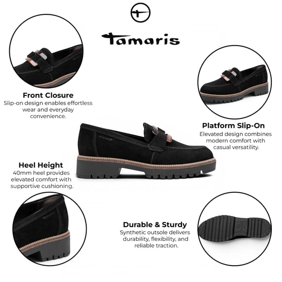 Tamaris Damen Schwarze Wildleder-Loafer Leder-Loafer Freizeitschuhe – 24722-43 - Image 2