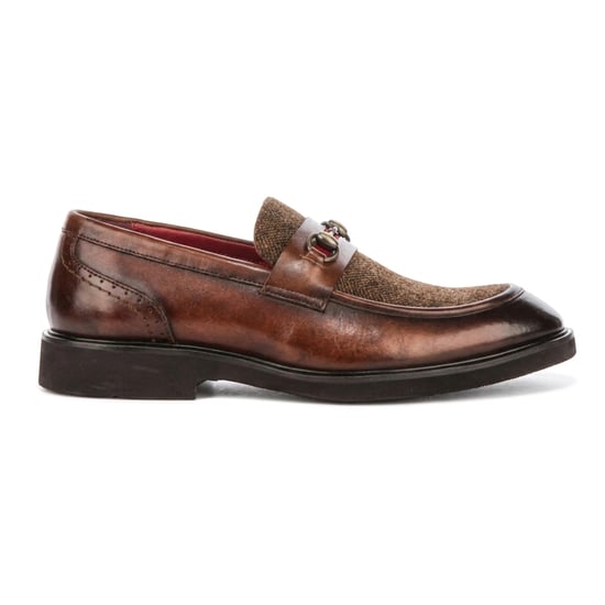 Justin Reess Herren beige Leder-Fischgrät-Tweed-Loaferschuhe – Tristian - Image 1