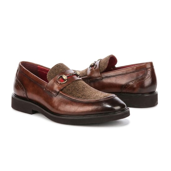 Justin Reess Herren beige Leder-Fischgrät-Tweed-Loaferschuhe – Tristian - Image 3