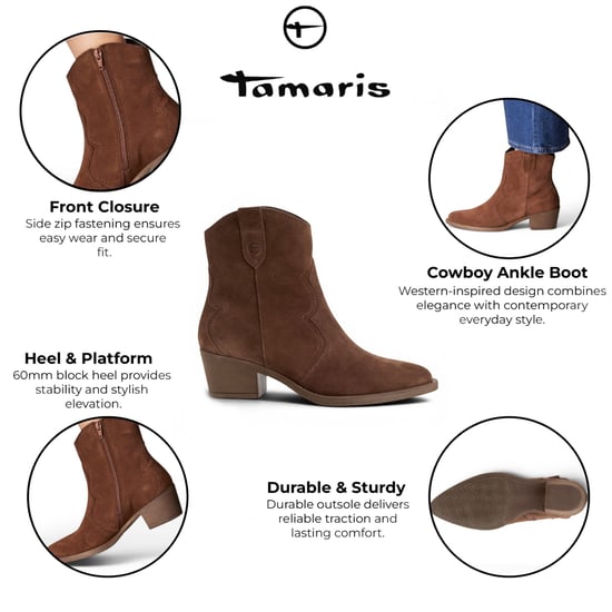Tamaris Damen-Braune Wildleder-Cowboy-Wester-Knöchelstiefel – 25702-41 - Image 2