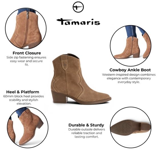 Tamaris Damen Camel Brown Wildleder Cowboy Western Knöchelstiefel – 25702-41 - Image 2