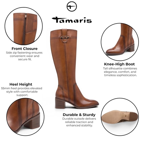 Tamaris Damen braune Leder-Reitstiefel mit kniehohem Absatz – 25576-47 - Image 2