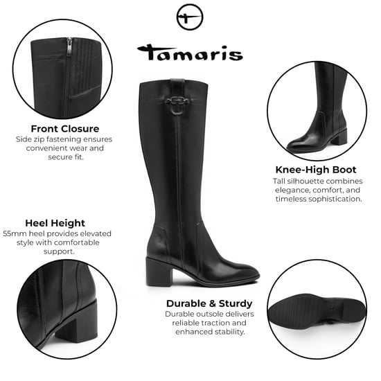 Tamaris Damen Schwarze Leder-Reitstiefel mit kniehohem Absatz – 25576-47 - Image 2