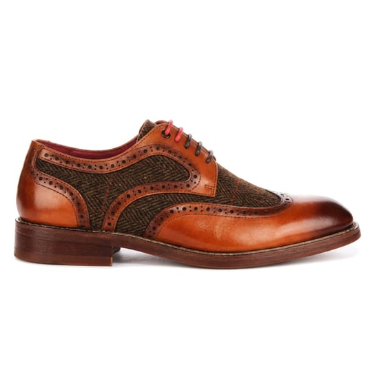 Justin Reess Herren beige Leder-Tweed-Brogue-Schuhe – Arlo - Image 1