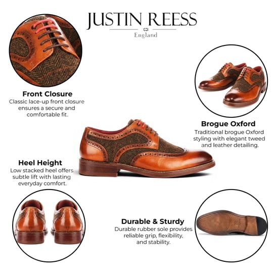 Justin Reess Herren beige Leder-Tweed-Brogue-Schuhe – Arlo - Image 2